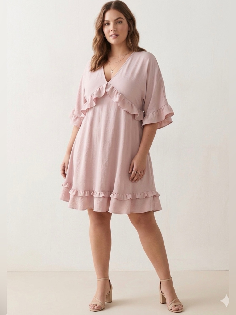 Ruffle V-Neck Midi Dress in Light Pink oversized small NWOT